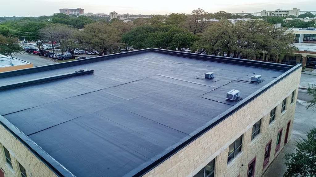 A commercial roof on a post office in a location similar to San Antonio with a rainy day aesthetic (AI image)