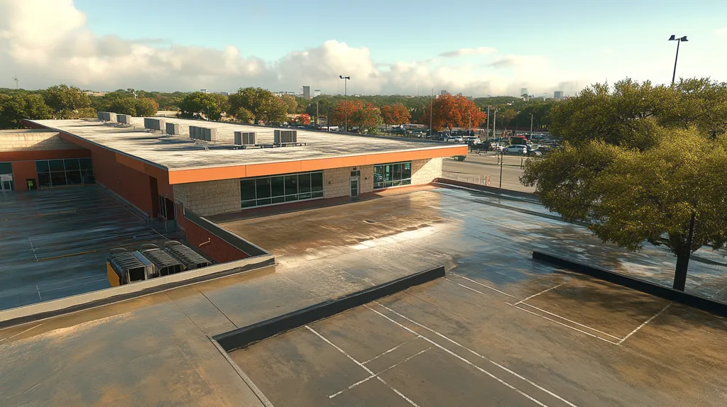 A commercial roof on a post office in a location similar to San Antonio with a rainy day aesthetic (AI image)