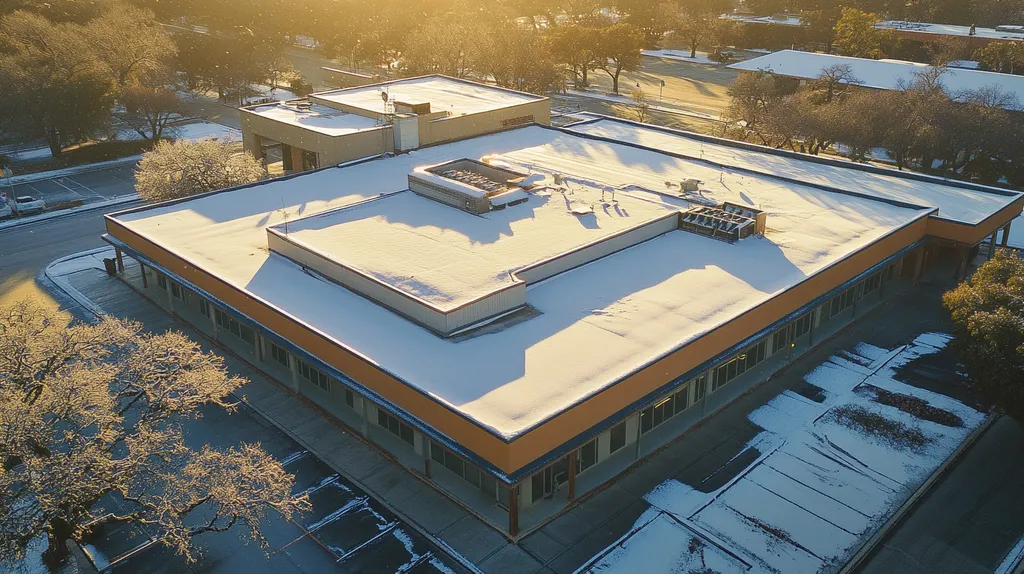 A commercial roof on a post office in a location similar to San Antonio with a snowy day aesthetic (AI image)