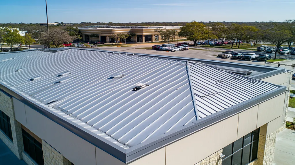 A commercial roof on a post office in a location similar to San Antonio with a stainless steel aesthetic (AI image)