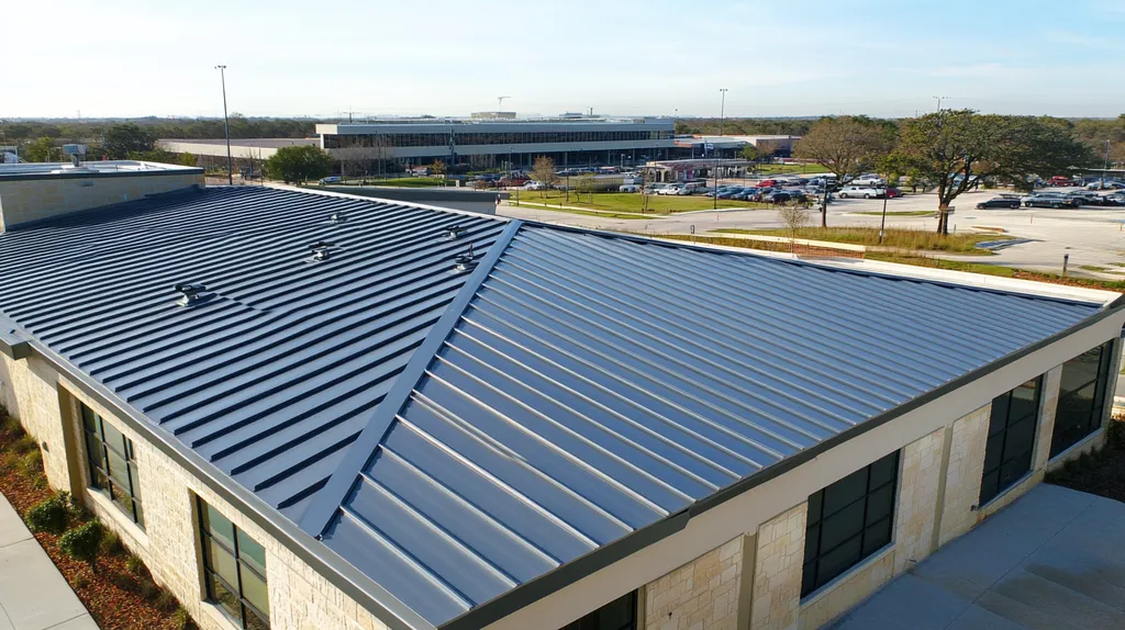 A commercial roof on a post office in a location similar to San Antonio with a stainless steel aesthetic (AI image)