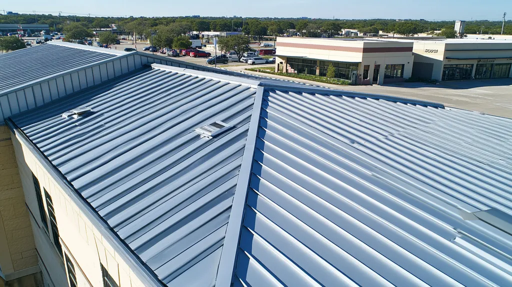 A commercial roof on a post office in a location similar to San Antonio with a stainless steel aesthetic (AI image)
