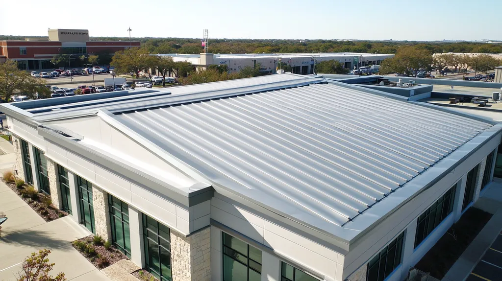 A commercial roof on a post office in a location similar to San Antonio with a stainless steel aesthetic (AI image)
