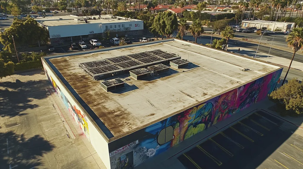 A commercial roof on a post office in a location similar to San Diego with a graffiti mural aesthetic (AI image)