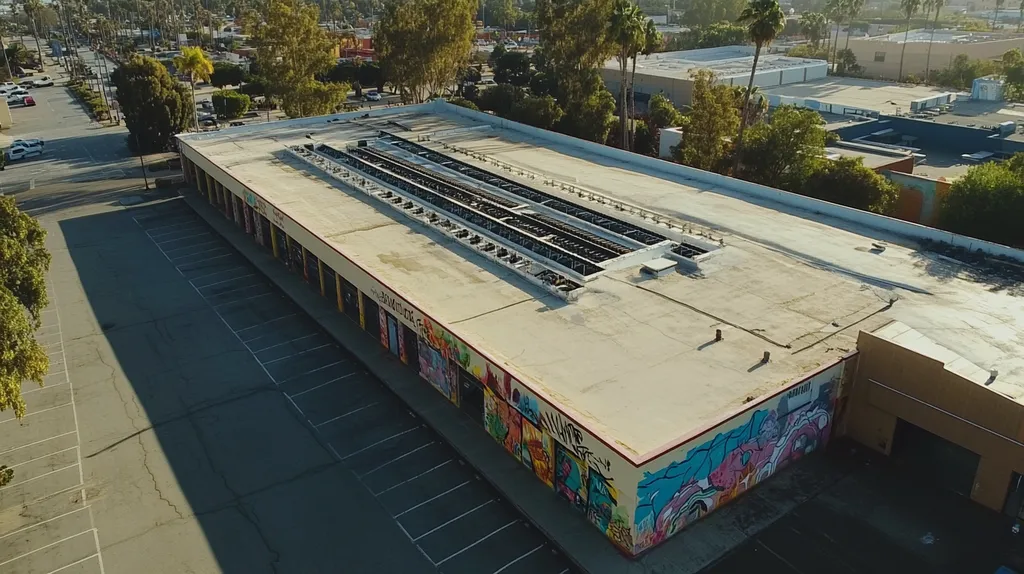 A commercial roof on a post office in a location similar to San Diego with a graffiti mural aesthetic (AI image)