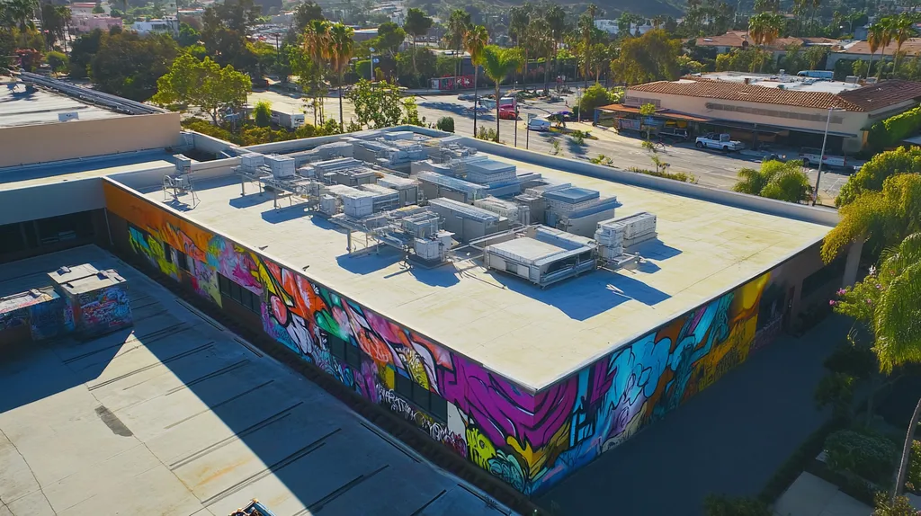 commercial-roof-post-office-San-Diego-graffiti-mural-dd17d7fe-cd2e-4ab6-8816-a8ed61d6741d-We-Coat_result.webp A commercial roof on a post office in a location similar to San Diego with a graffiti mural aesthetic (AI image)