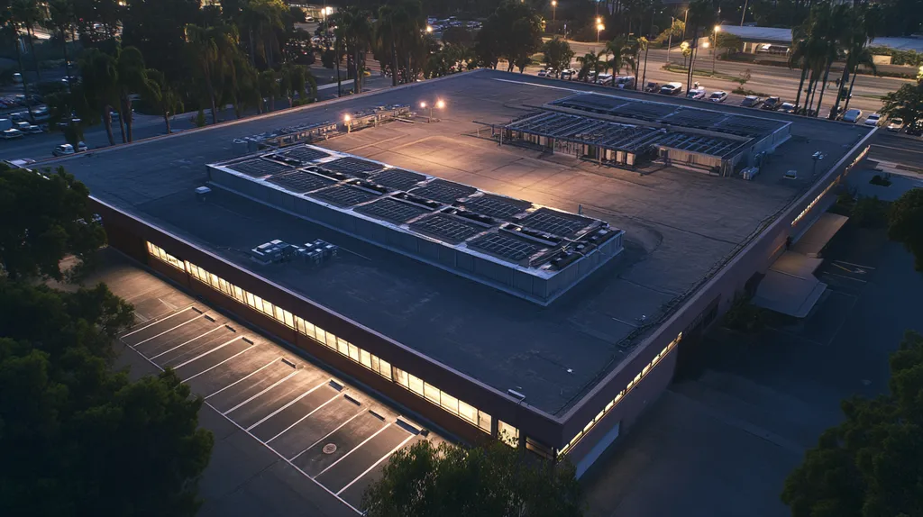 A commercial roof on a post office in a location similar to San Diego with an illuminated nightscape aesthetic (AI image)