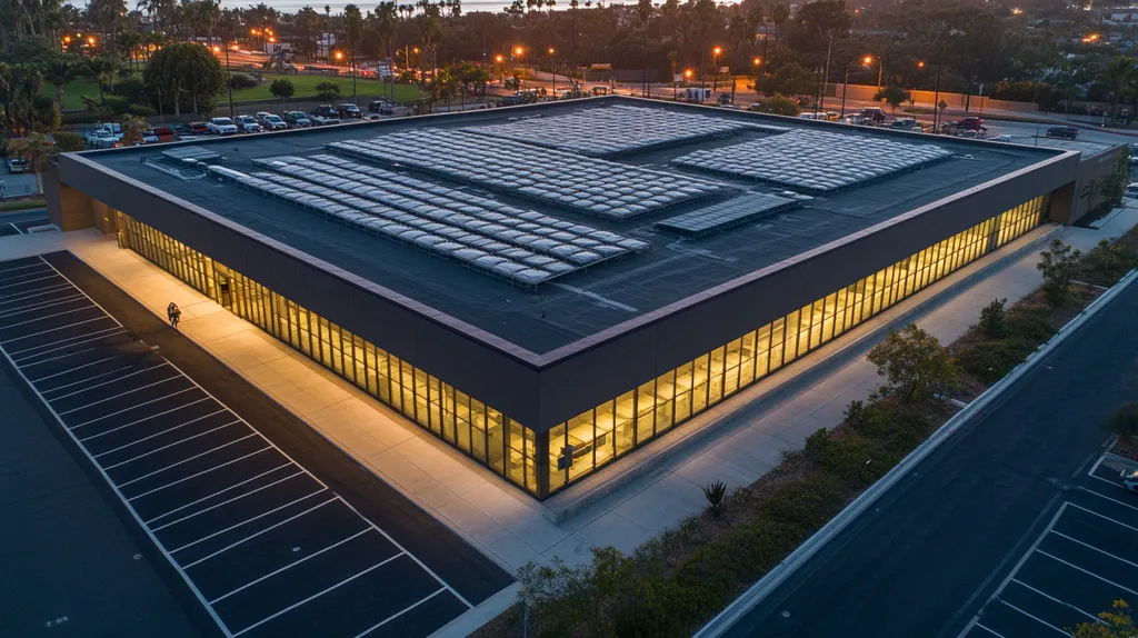 A commercial roof on a post office in a location similar to San Diego with an illuminated nightscape aesthetic (AI image)