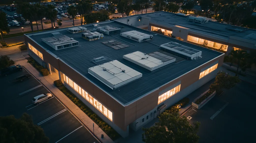 A commercial roof on a post office in a location similar to San Diego with an illuminated nightscape aesthetic (AI image)