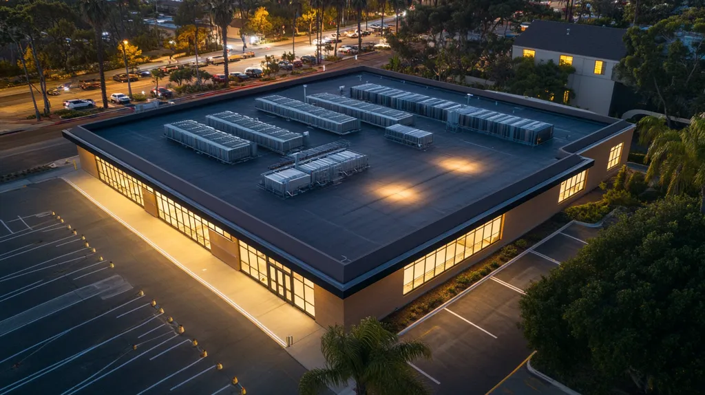 A commercial roof on a post office in a location similar to San Diego with an illuminated nightscape aesthetic (AI image)