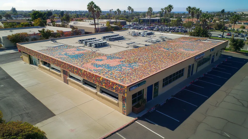 A commercial roof on a post office in a location similar to San Diego with a mosaic tile art aesthetic (AI image)