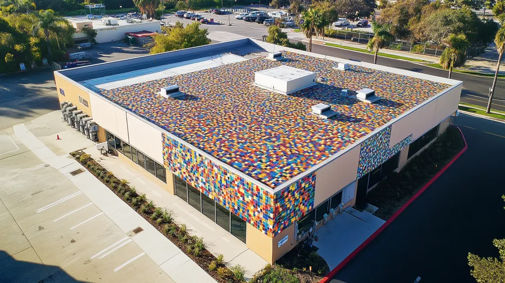 A commercial roof on a post office in a location similar to San Diego with a mosaic tile art aesthetic (AI image)
