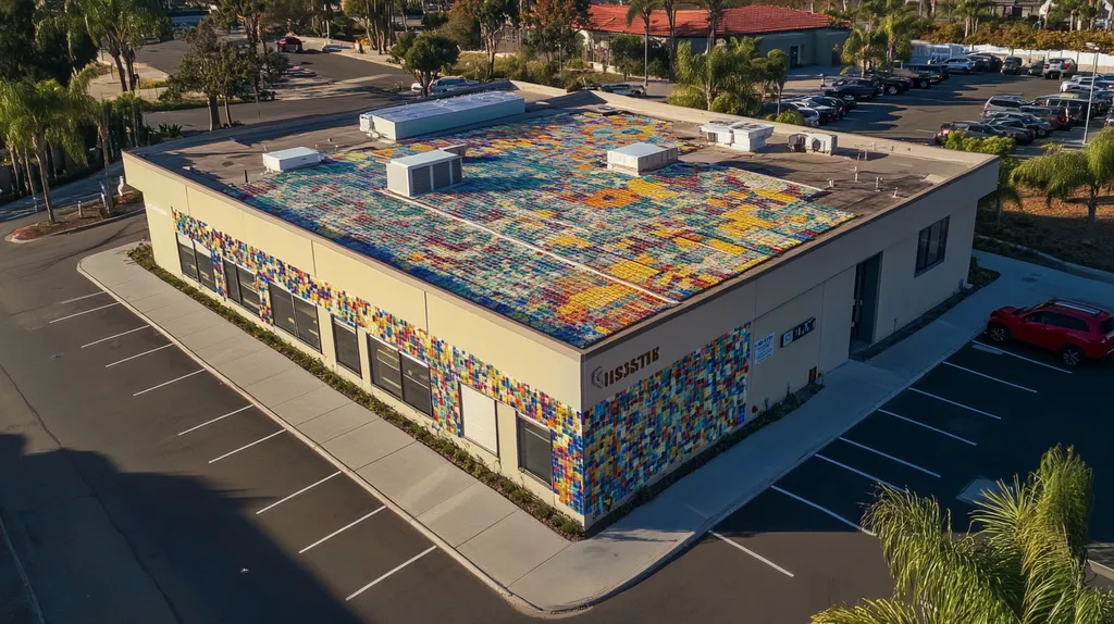 A commercial roof on a post office in a location similar to San Diego with a mosaic tile art aesthetic (AI image)