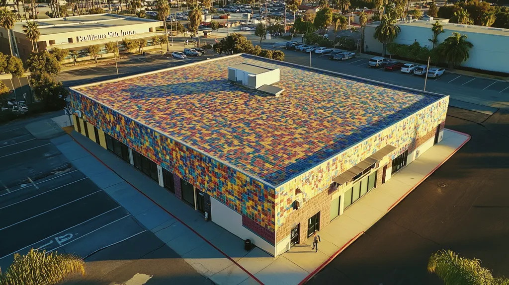 A commercial roof on a post office in a location similar to San Diego with a mosaic tile art aesthetic (AI image)