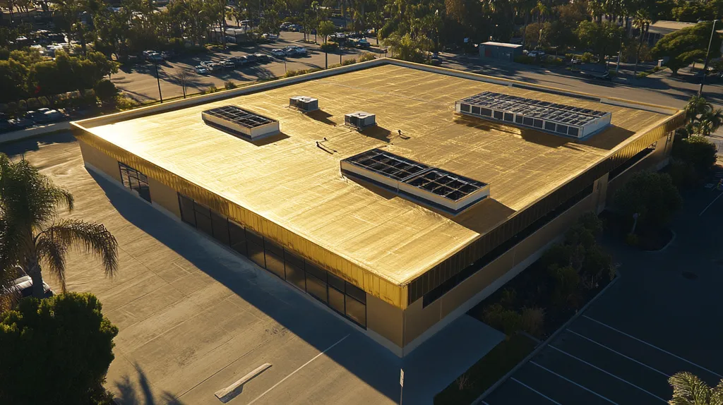 A commercial roof on a post office in a location similar to San Diego with a solid gold aesthetic (AI image)