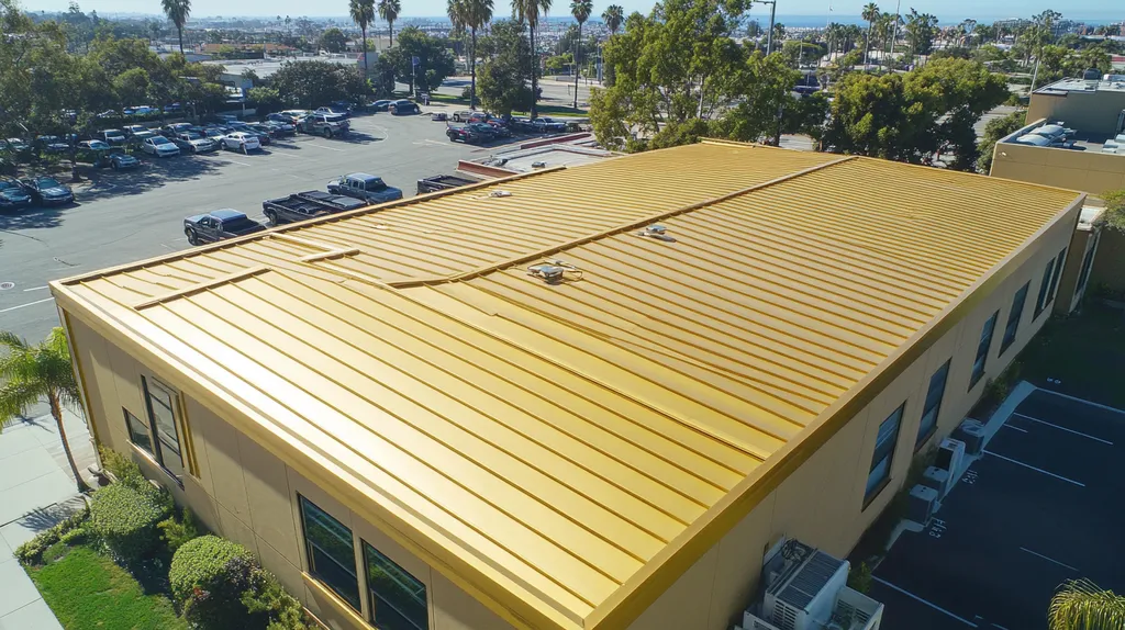 A commercial roof on a post office in a location similar to San Diego with a solid gold aesthetic (AI image)