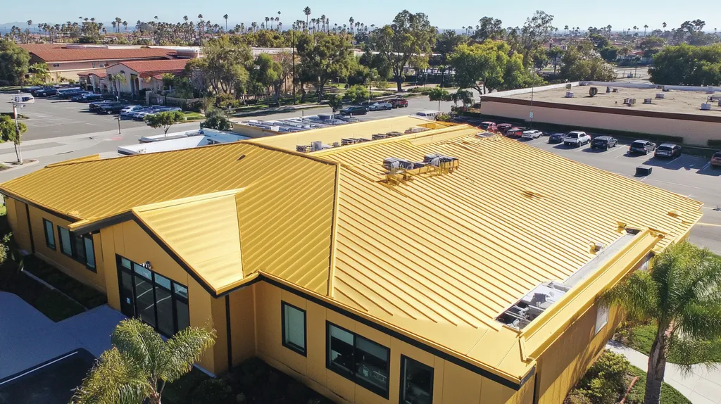 A commercial roof on a post office in a location similar to San Diego with a solid gold aesthetic (AI image)