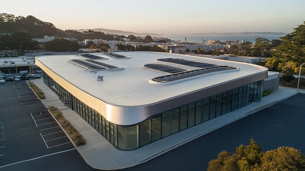 A commercial roof on a post office in a location similar to San Francisco with a futuristic aesthetic (AI image)