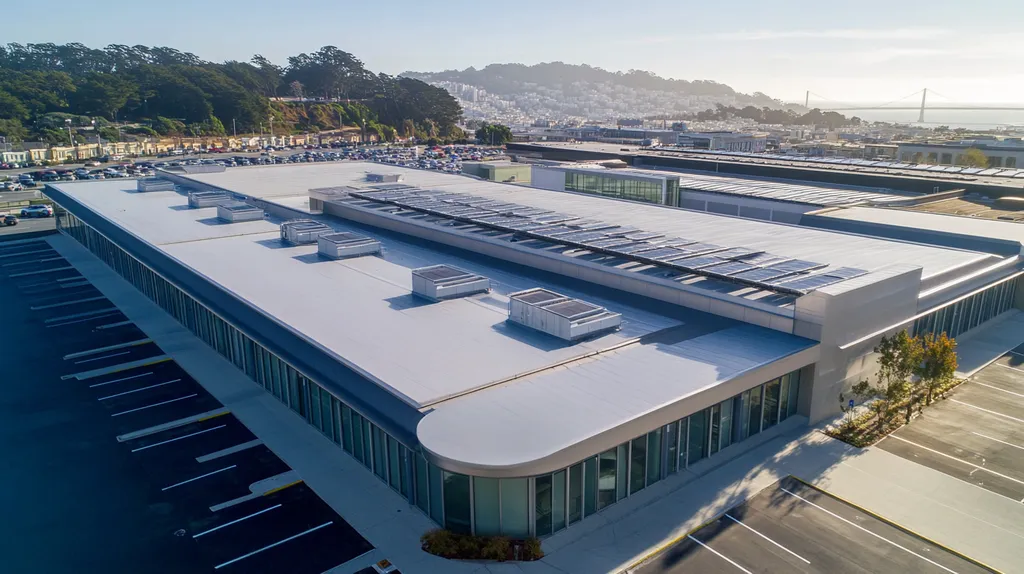 A commercial roof on a post office in a location similar to San Francisco with a futuristic aesthetic (AI image)