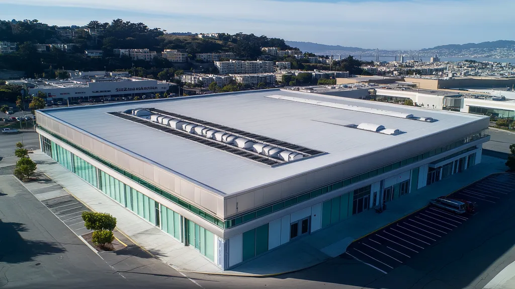 A commercial roof on a post office in a location similar to San Francisco with a futuristic aesthetic (AI image)
