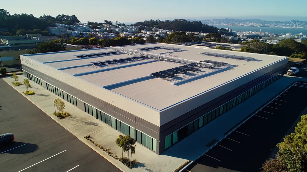 A commercial roof on a post office in a location similar to San Francisco with a futuristic aesthetic (AI image)
