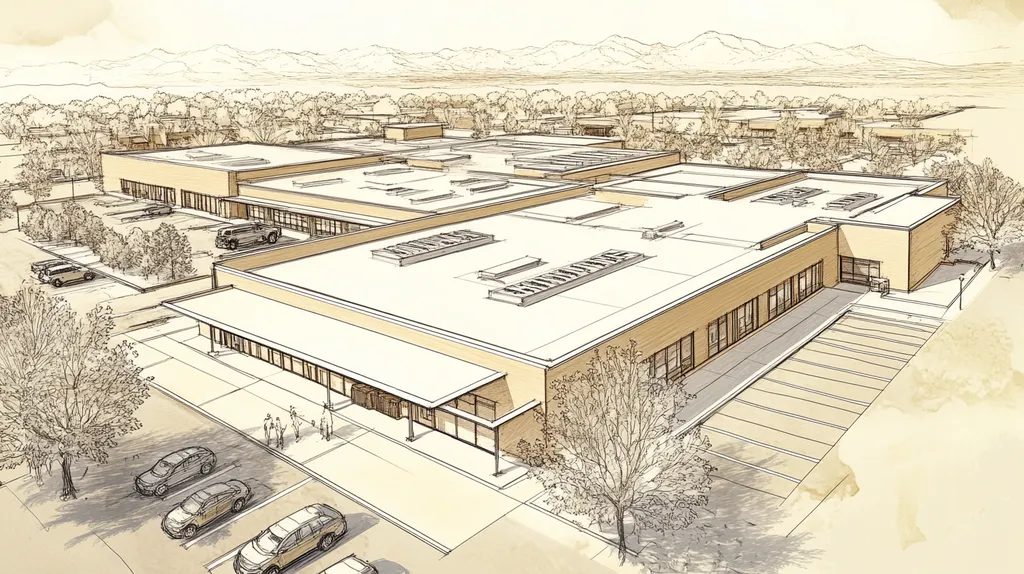 A commercial roof on a post office in a location similar to Santa Fe with an architectural sketch rendering aesthetic (AI image)