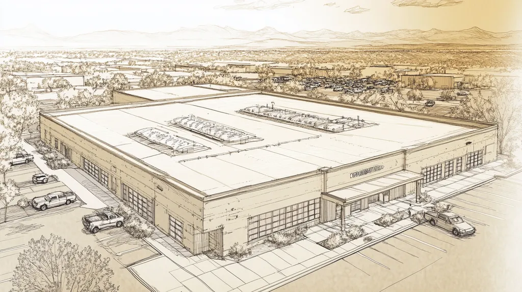 A commercial roof on a post office in a location similar to Santa Fe with an architectural sketch rendering aesthetic (AI image)