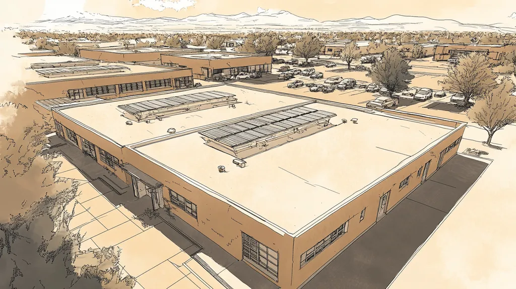 A commercial roof on a post office in a location similar to Santa Fe with an architectural sketch rendering aesthetic (AI image)
