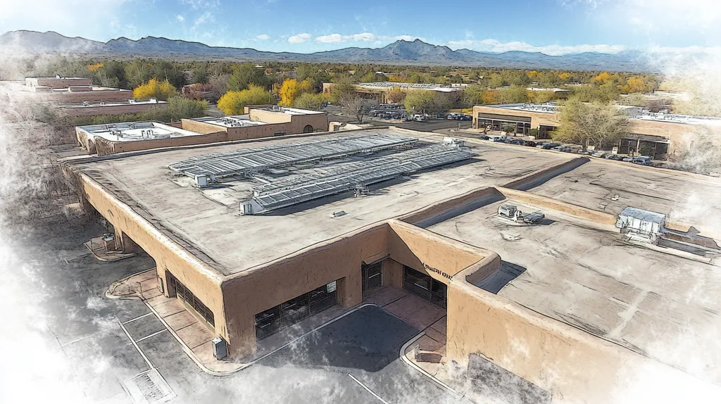 A commercial roof on a post office in a location similar to Santa Fe with a charcoal sketch aesthetic (AI image)