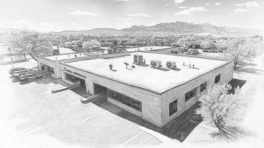 A commercial roof on a post office in a location similar to Santa Fe with a charcoal sketch aesthetic (AI image)