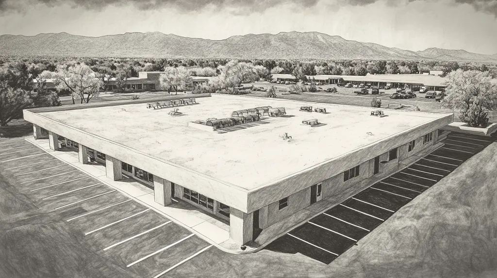 A commercial roof on a post office in a location similar to Santa Fe with a charcoal sketch aesthetic (AI image)