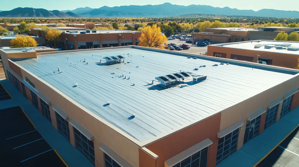 A commercial roof on a post office in a location similar to Santa Fe with a stainless steel aesthetic (AI image)