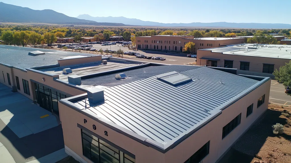 A commercial roof on a post office in a location similar to Santa Fe with a stainless steel aesthetic (AI image)