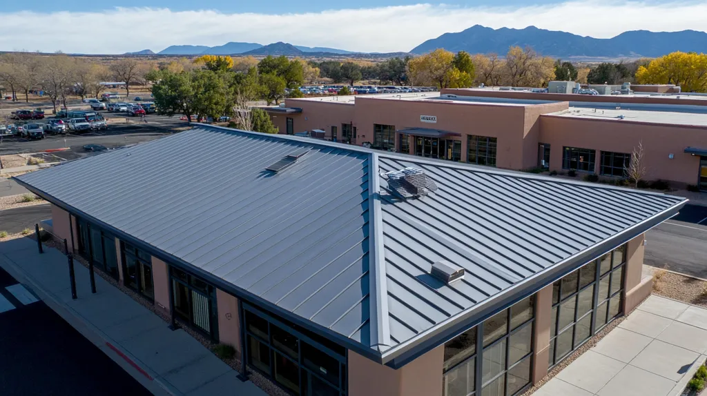 A commercial roof on a post office in a location similar to Santa Fe with a stainless steel aesthetic (AI image)