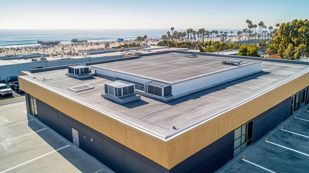 A commercial roof on a post office in a location similar to Santa Monica with an architectural photography aesthetic (AI image)