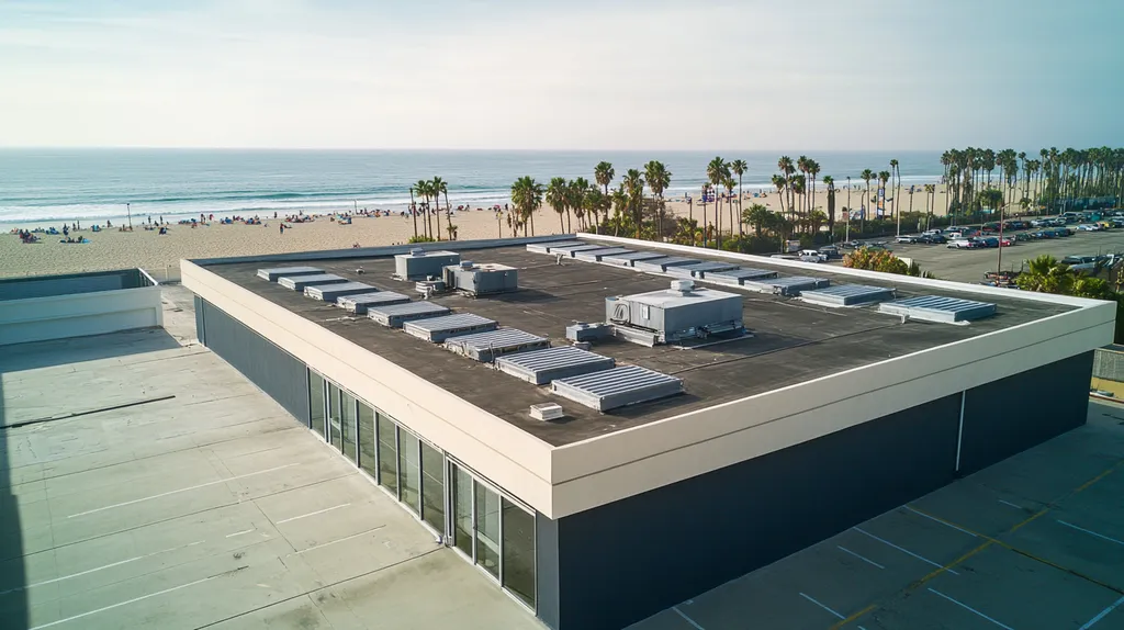 A commercial roof on a post office in a location similar to Santa Monica with an architectural photography aesthetic (AI image)