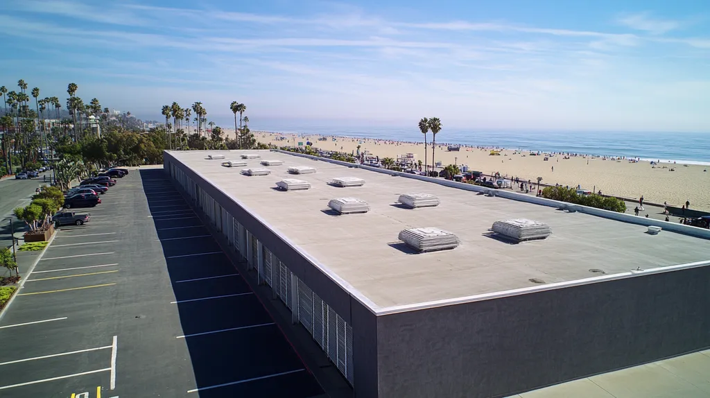 A commercial roof on a post office in a location similar to Santa Monica with an architectural photography aesthetic (AI image)