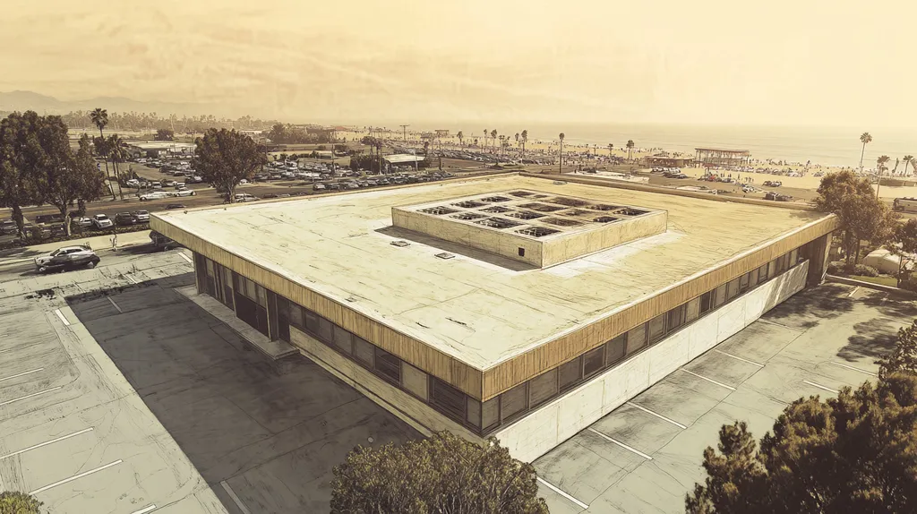 A commercial roof on a post office in a location similar to Santa Monica with an architectural sketch rendering aesthetic (AI image)
