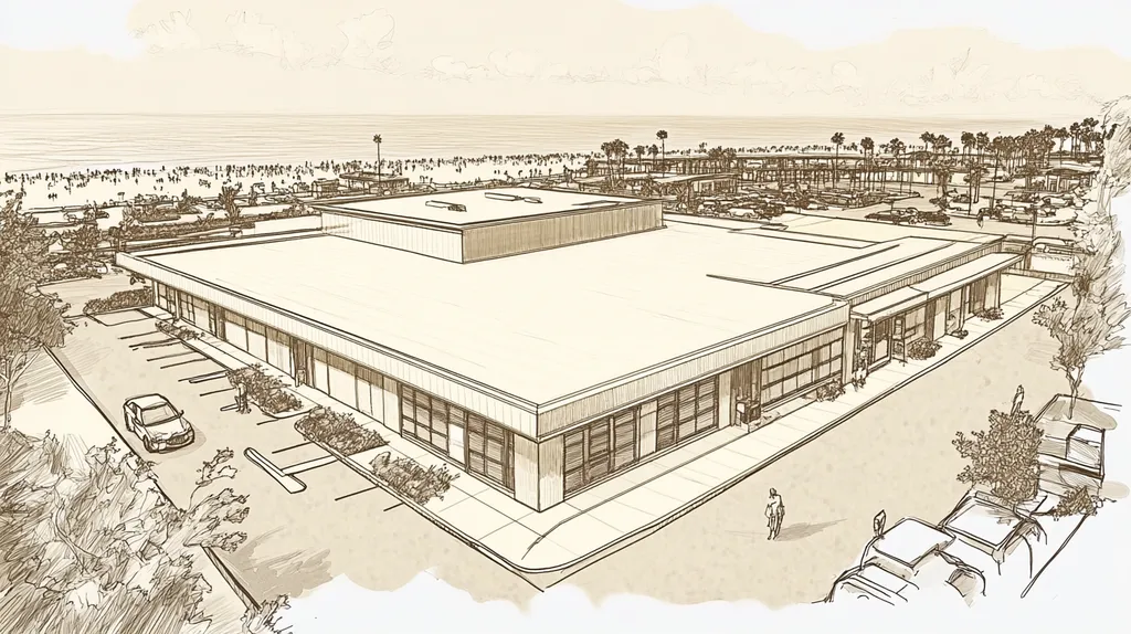 A commercial roof on a post office in a location similar to Santa Monica with an architectural sketch rendering aesthetic (AI image)