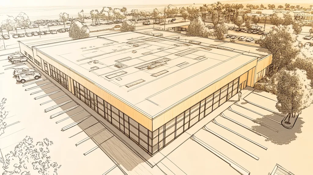 A commercial roof on a post office in a location similar to Santa Monica with an architectural sketch rendering aesthetic (AI image)
