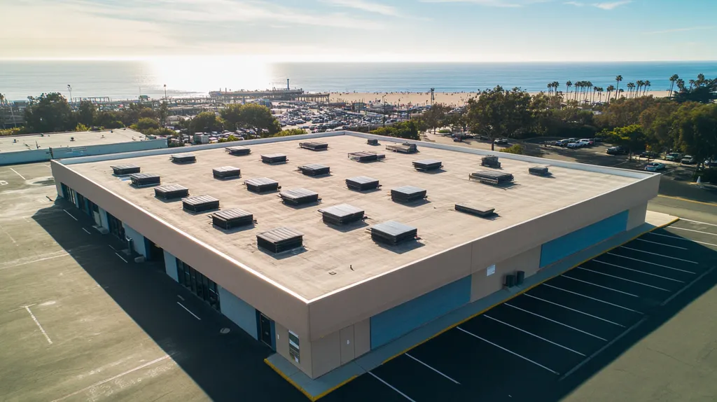 A commercial roof on a post office in a location similar to Santa Monica with a cross-processed look aesthetic (AI image)