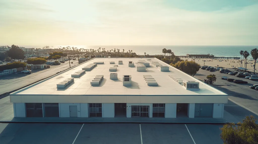 A commercial roof on a post office in a location similar to Santa Monica with a cross-processed look aesthetic (AI image)