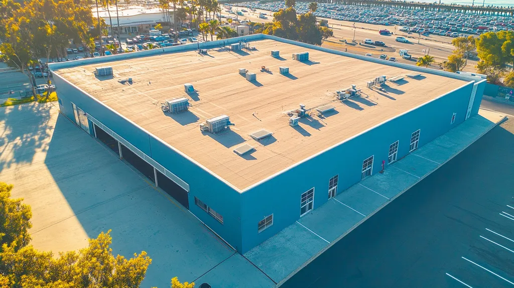 A commercial roof on a post office in a location similar to Santa Monica with a cross-processed look aesthetic (AI image)