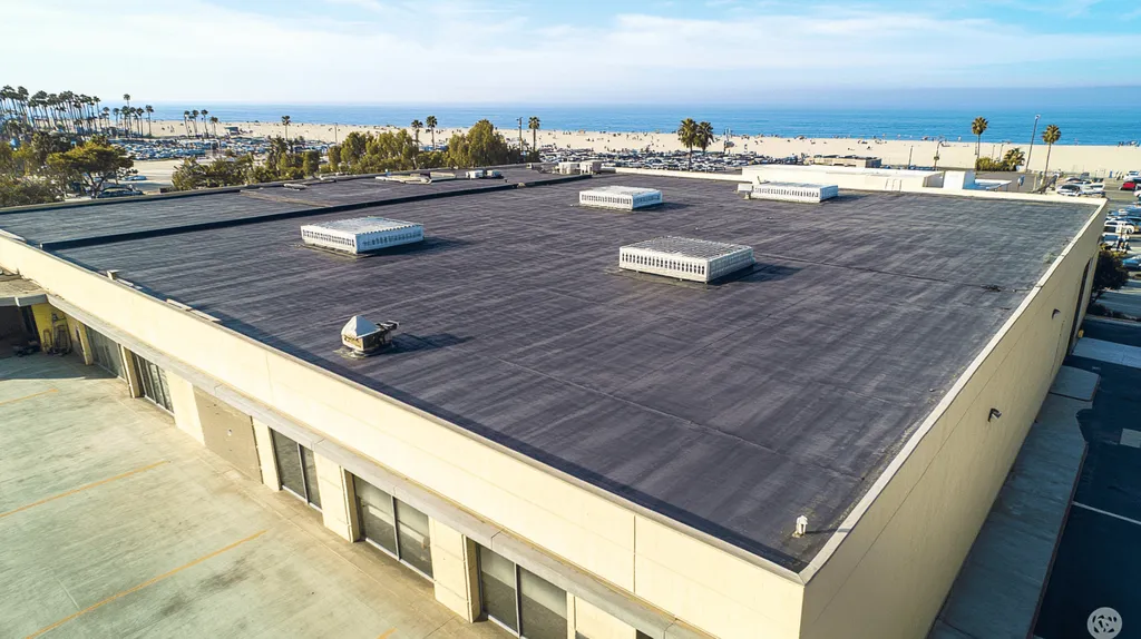 A commercial roof on a post office in a location similar to Santa Monica with a cross-processed look aesthetic (AI image)