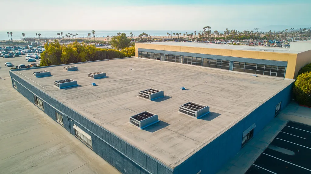 A commercial roof on a post office in a location similar to Santa Monica with a cross-processed look aesthetic (AI image)