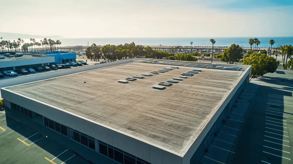 A commercial roof on a post office in a location similar to Santa Monica with a cross-processed look aesthetic (AI image)