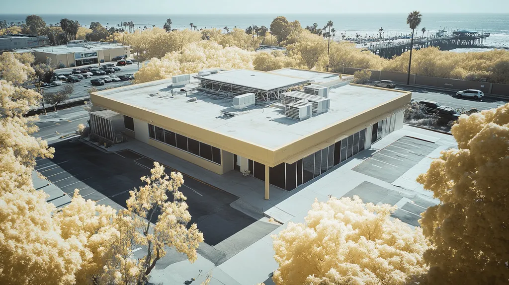 A commercial roof on a post office in a location similar to Santa Monica with an infrared photography aesthetic (AI image)