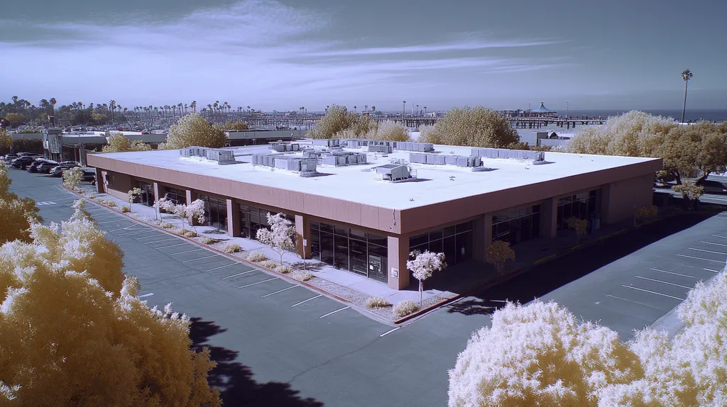 A commercial roof on a post office in a location similar to Santa Monica with an infrared photography aesthetic (AI image)