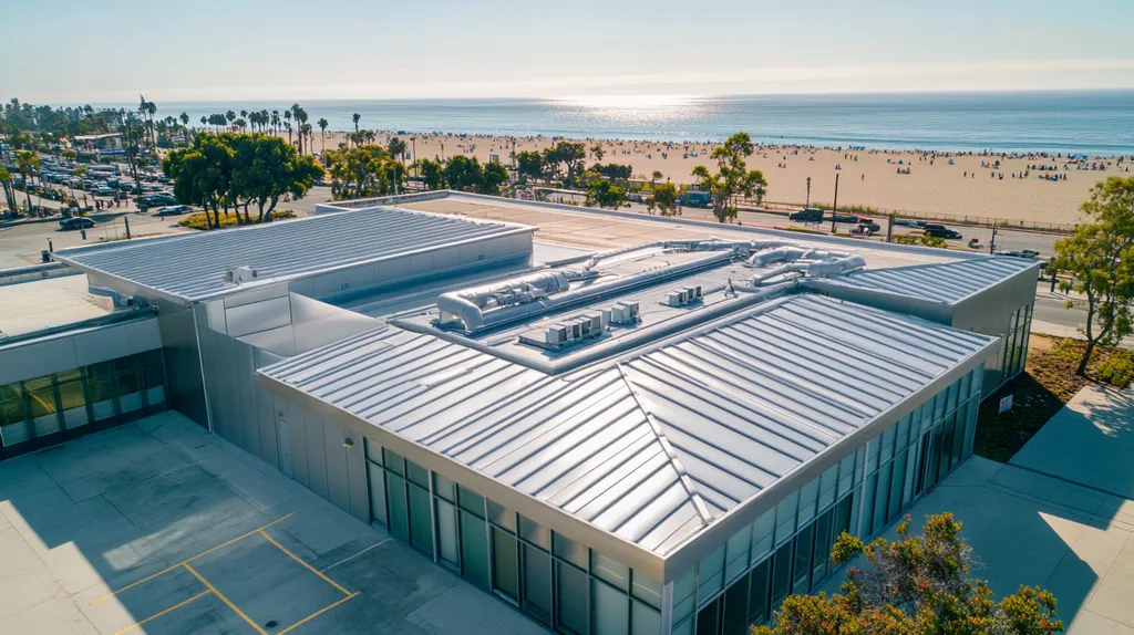 A commercial roof on a post office in a location similar to Santa Monica with a stainless steel aesthetic (AI image)
