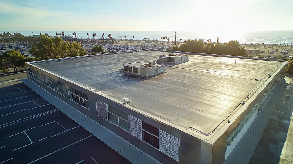 A commercial roof on a post office in a location similar to Santa Monica with a stainless steel aesthetic (AI image)